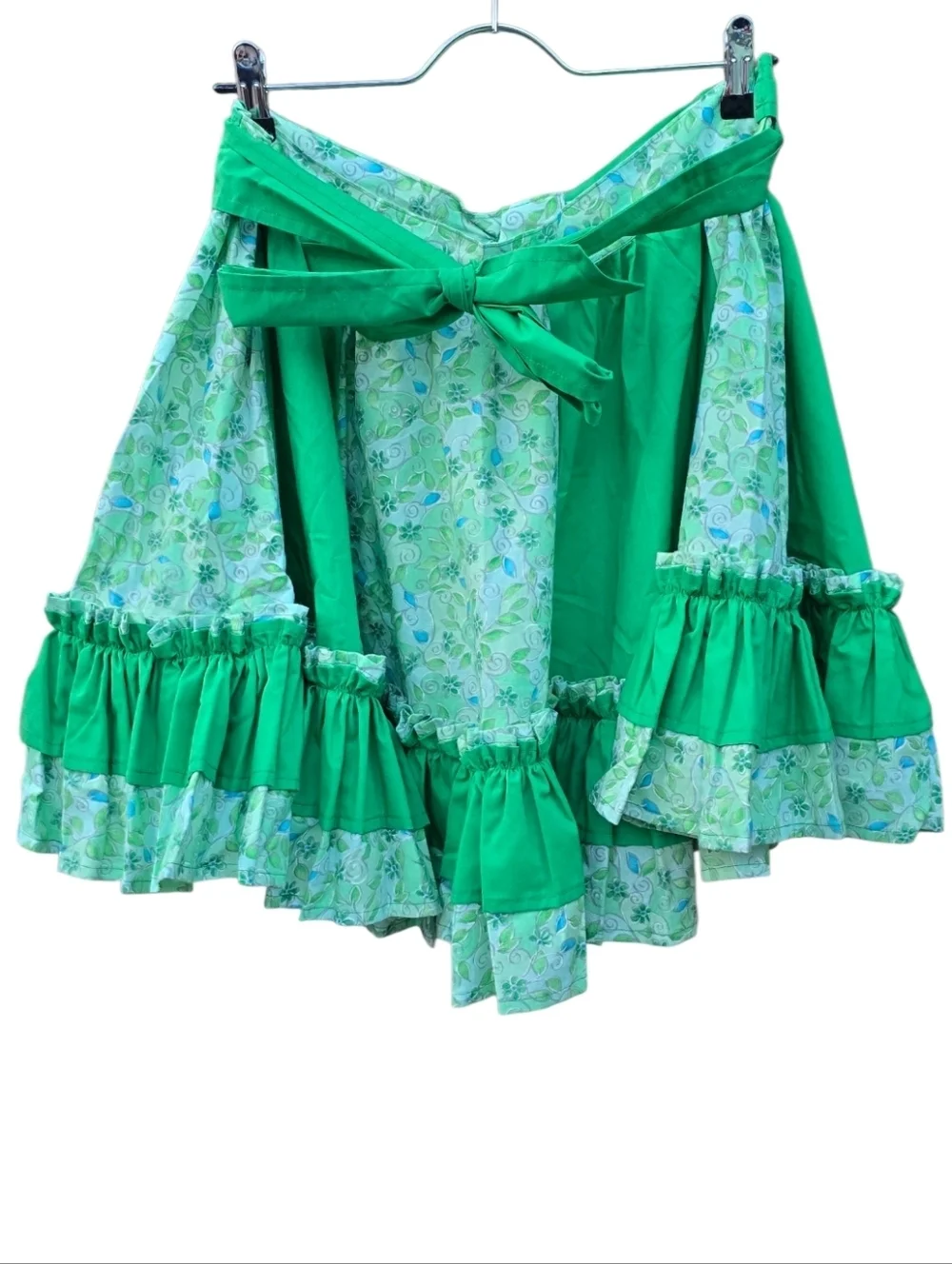 Vintage Green Floral Cotton Square Dance Skirt Cottagecore Prairie Ruffle